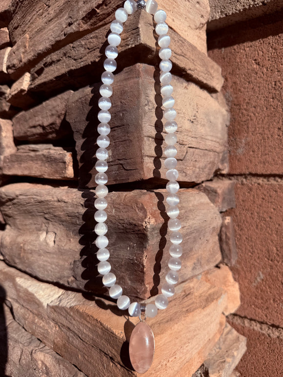 Rose Quartz & Selenite Crystal Necklace Reiki Blessed by Queen