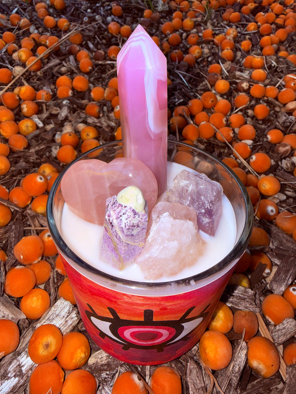 Pink Evil Eye & Self Love Crystal Candle Reiki Blessed by Queen