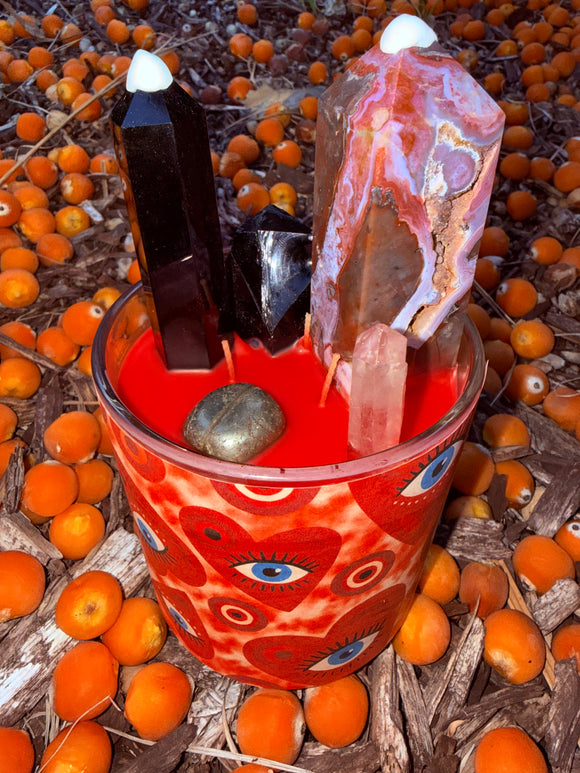 Red Evil Eye Crystal Candle Reiki Blessed by Queen