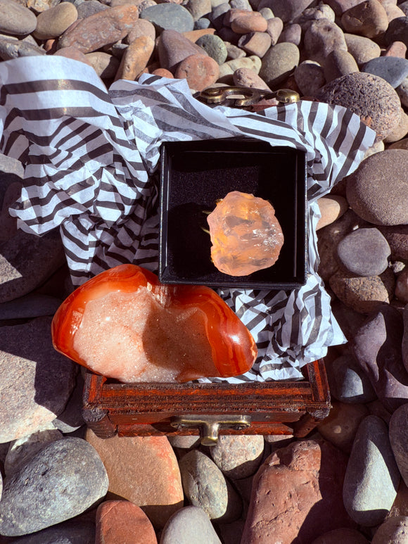 Divine Feminine Fusion Box Carnelian Heart Crystal, Rose Quartz Adjustable Ring & Treasure Box