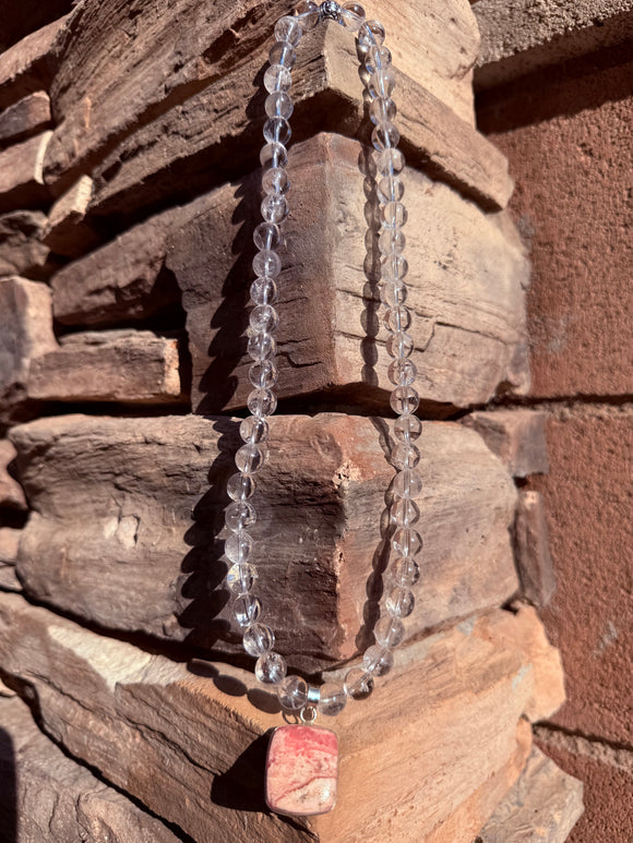 Rhodochrosite & Clear Quartz Crystal Necklace Reiki Blessed by Queen