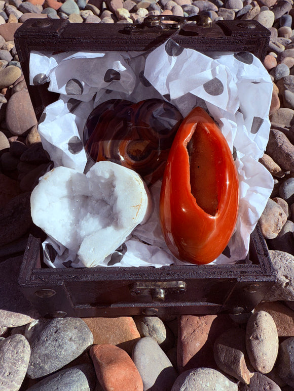 Clarity, Courage & Passion Box Clear Quartz Heart Geode From Morocco, Sardonyx Heart, Carnelian Heart & Treasure Box