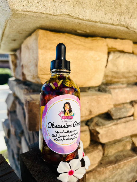 Obsession Rose Oil infused with Garnet, Red Jasper, Carnelian & Rose Quartz Crystals, Therapeutic Essential Oils & Reiki Blessed by Queen - Pick Your Size