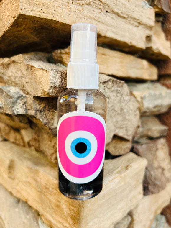 Pink Evil Eye Mist infused with Black Obsidian Crystals, Therapeutic Essential Oils, Moon Water & Reiki blessed by Queen - Pick Your Size