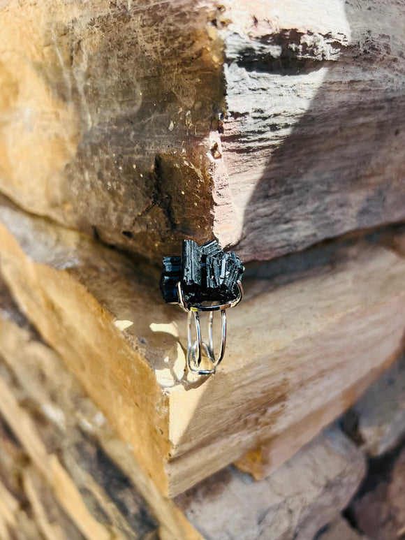 Black Tourmaline Crystal Adjustable Ring From Brazil - Only 1 Available