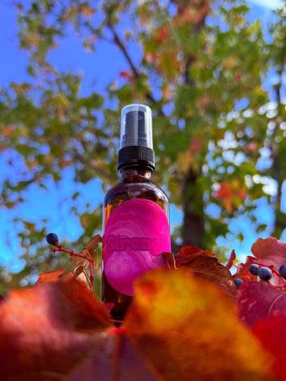 Strength Oil Mist infused with Carnelian Crystals, Therapeutic Essential Oils & Reiki Blessed By Queen