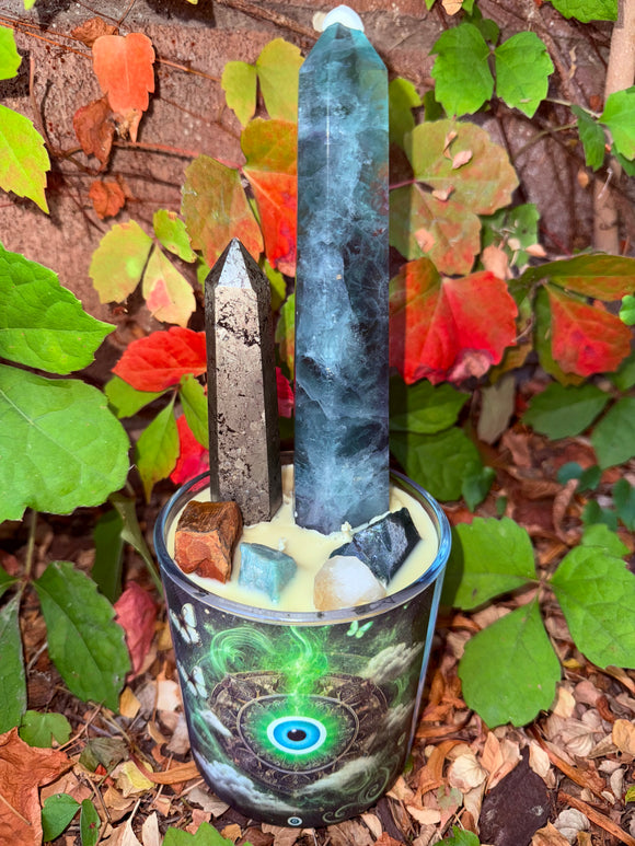 Green Evil Eye Crystal Candle Reiki Blessed by Queen