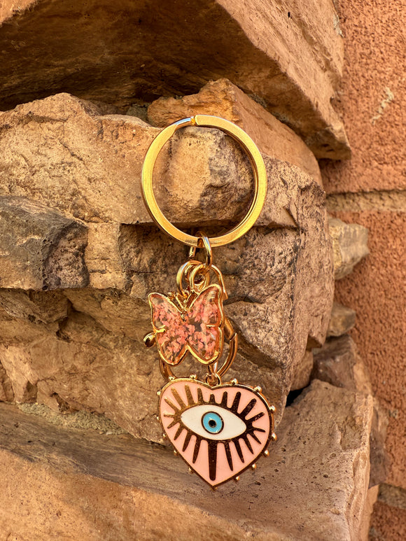 Pink Evil Eye & Butterfly Keychain