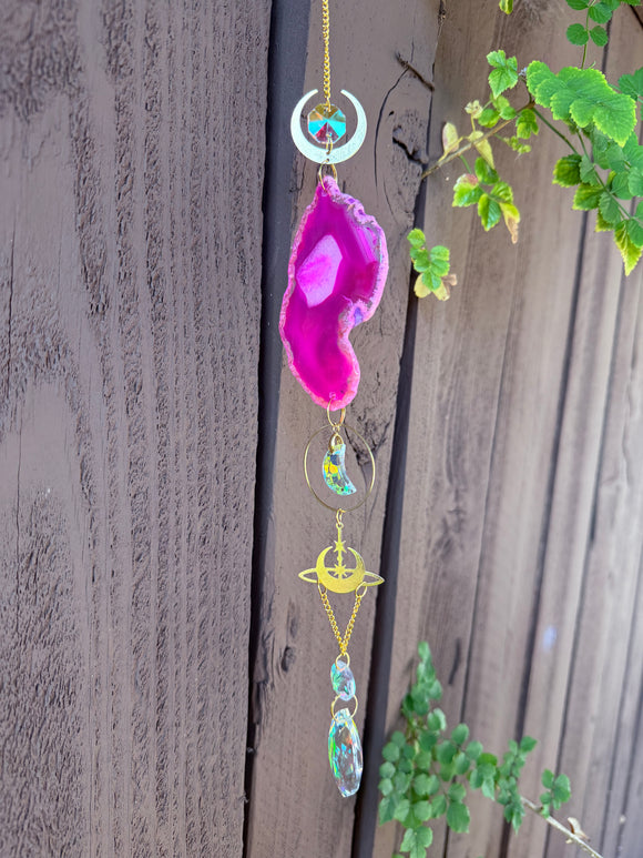 Pink Agate & Angel Aura with Moons Suncatcher