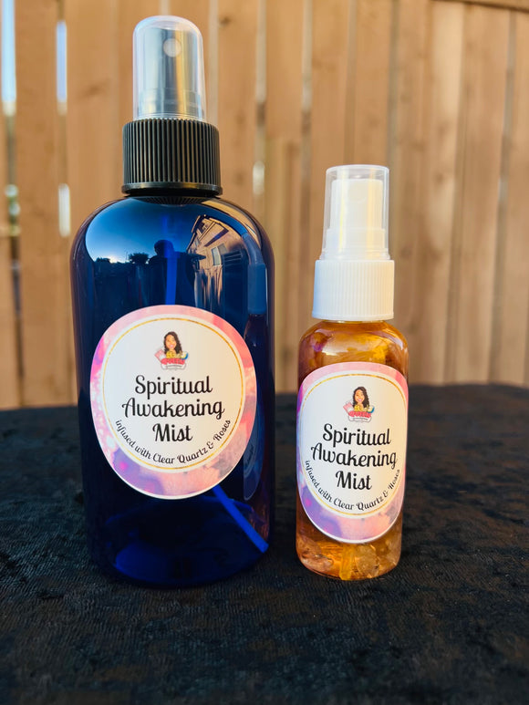 Spiritual Awakening Mist infused with Clear Quartz crystals & Roses, Therapeutic Essential Oils, Moon Water & Reiki blessed by Queen - Pick Your Size